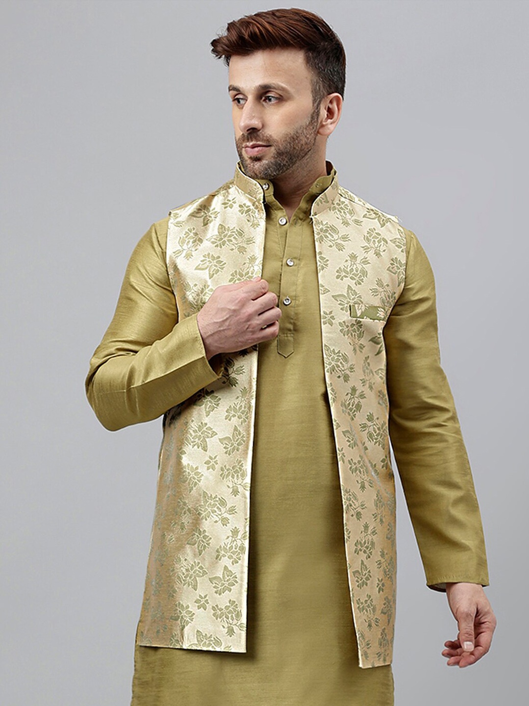 

Vgyaan Woven Designed Nehru Jacket, Green