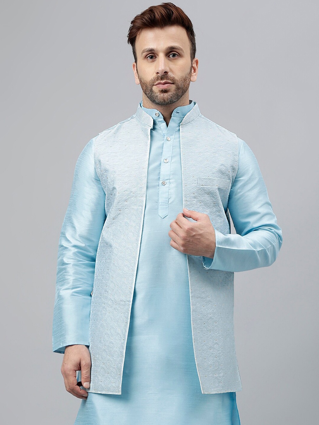 

Vgyaan Woven Ethnic Embroidered Nehru Jacket, Blue