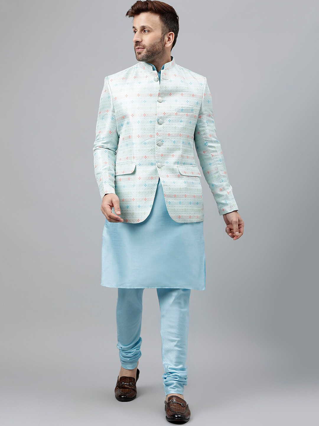 

Vgyaan Ethnic Motifs Kurta with Churidar And Nehru Jacket, Blue