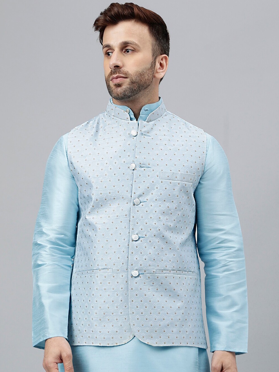 

Vgyaan Ethnic Embroidered Nehru Jacket, Blue