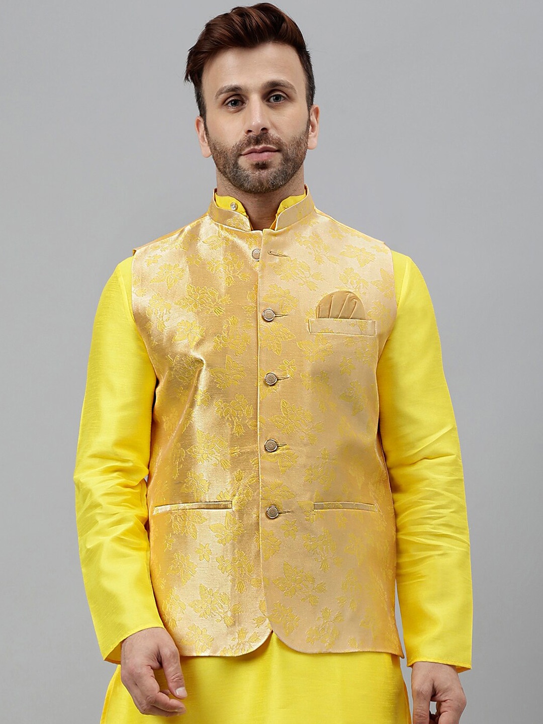 

Vgyaan Woven Designed Nehru Jacket, Yellow