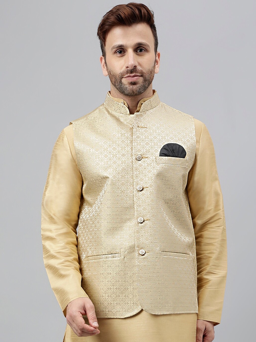

Vgyaan Woven Designed Nehru Jacket, Khaki