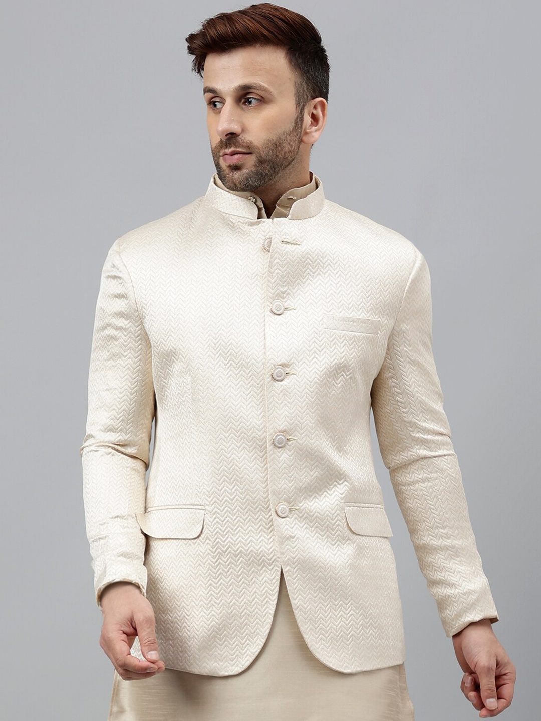 

Vgyaan Woven Design Nehru Jacket, Beige