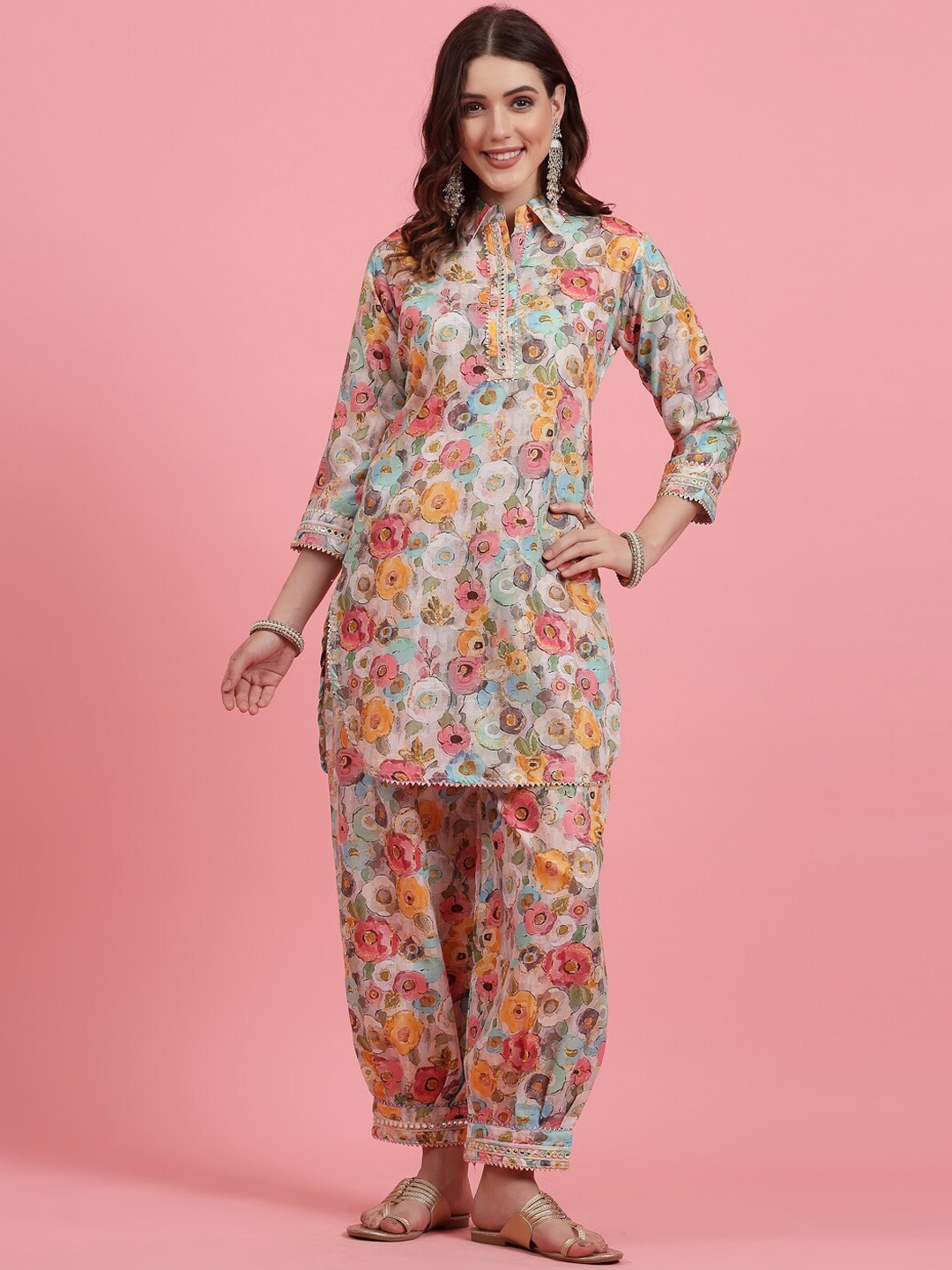 

Clora Creation Floral Printed Pure Cotton Tunic & Palazzo, Cream