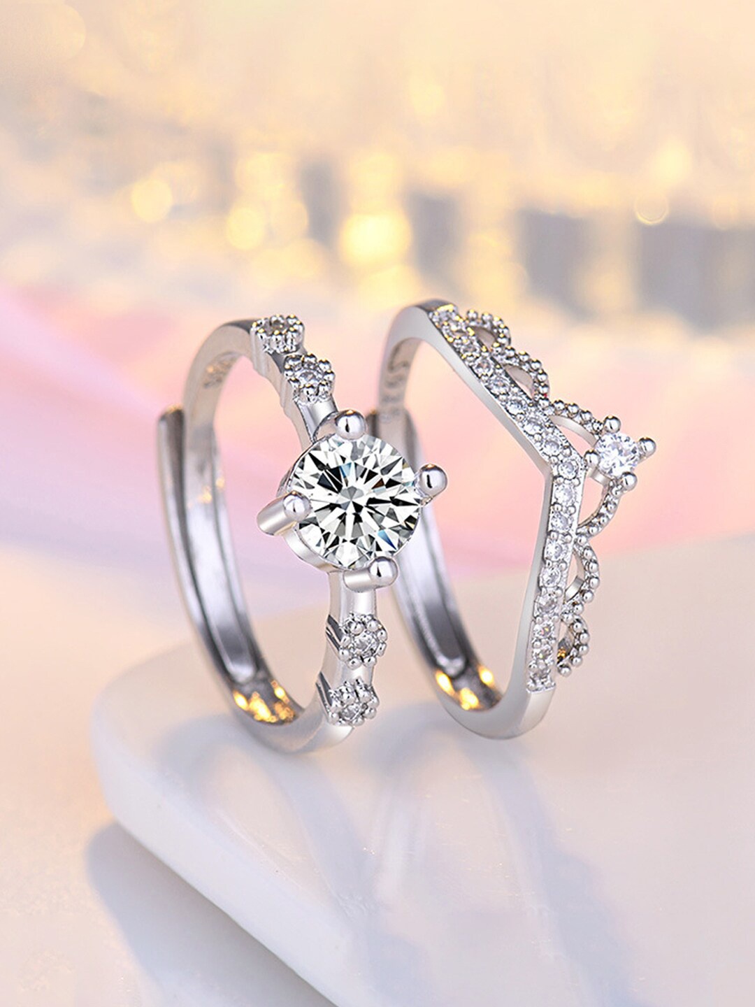 

Jewels Galaxy Silver-Plated American Diamond-Studded Adjustable Finger Ring