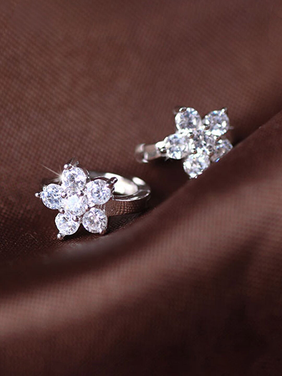 

Jewels Galaxy Silver Plated American Diamond Studded Floral Korean Hoop Earrings