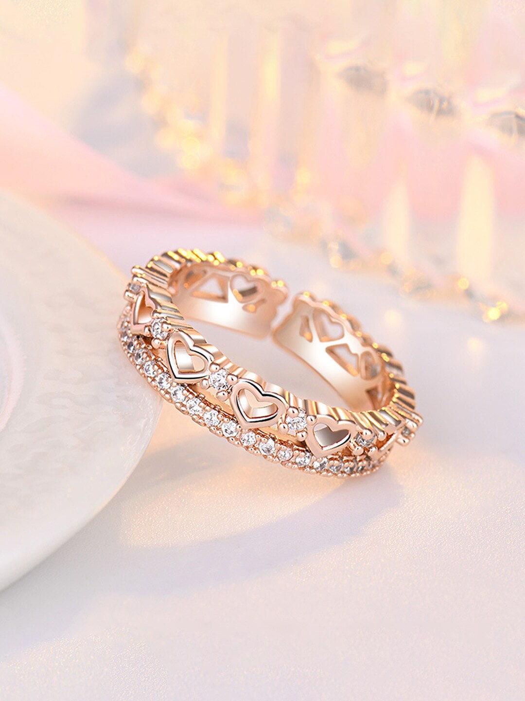 

Jewels Galaxy Rose Gold- Plated American Diamond-Studded Adjustable Finger Ring