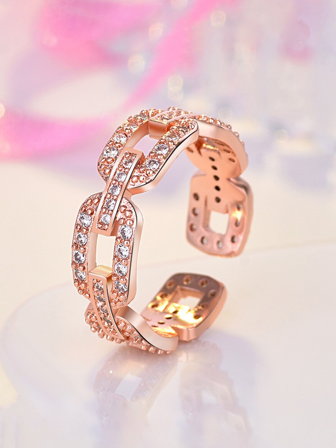 

Jewels Galaxy Rose Gold-plated American Diamond Studded Adjustable Finger Ring