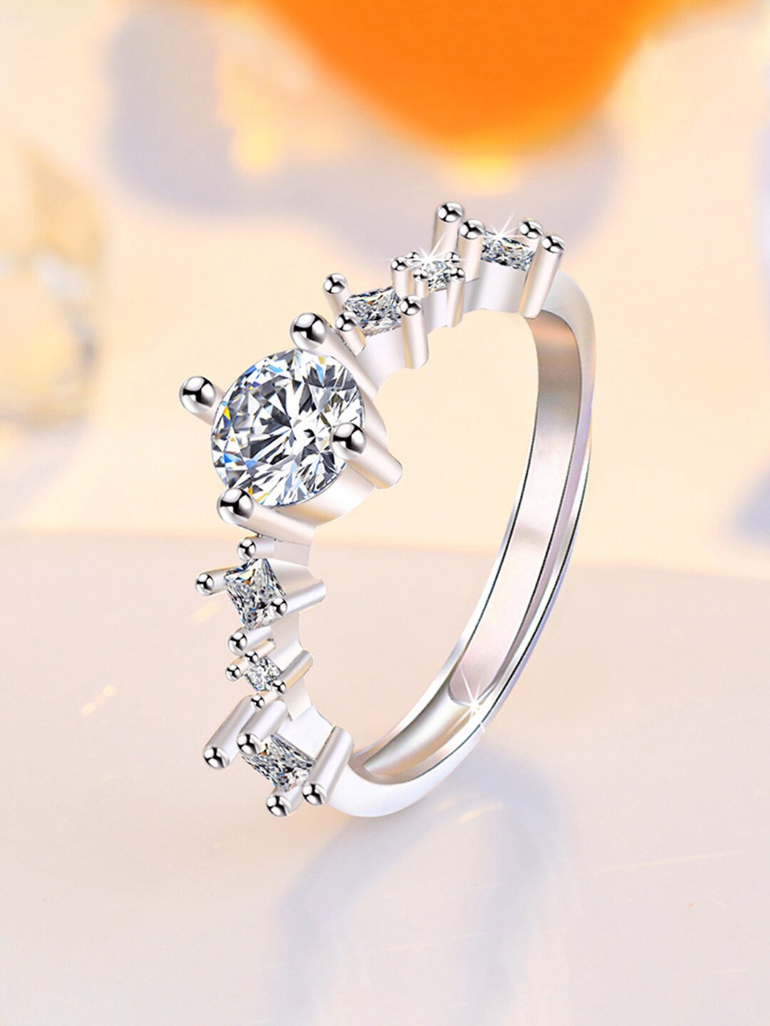 

Jewels Galaxy Silver-plated American Diamond Studded Adjustable Finger Ring