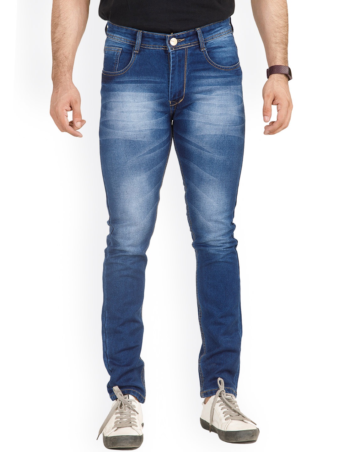 

MM-21 Men Mid-Raise Slim Fit Clean Look Heavy Fade Stretchable Jeans, Navy blue