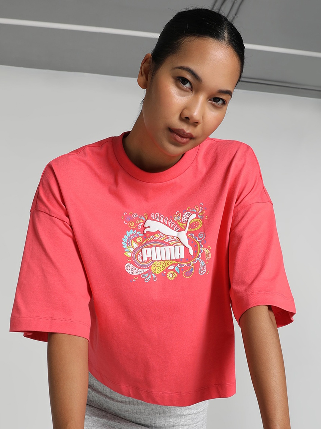 

Puma Oversized-Fit Cotton T-Shirt, Pink