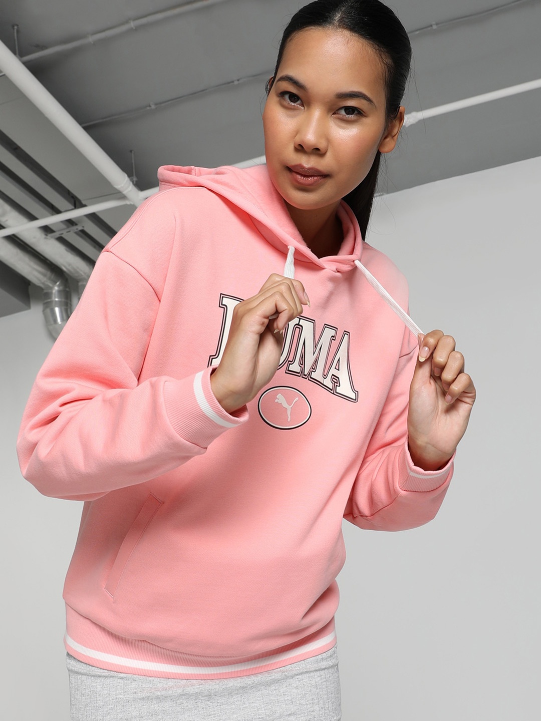 

Puma Squad Logo Printed Cotton Hooded Sweatshirt, Pink