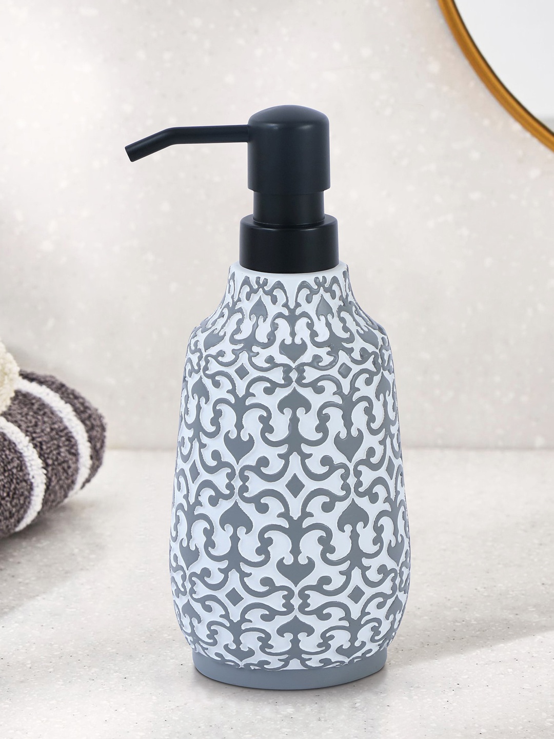 

OBSESSIONS White & Grey Ethnic Motifs Printed Soap Dispenser - 320 ML