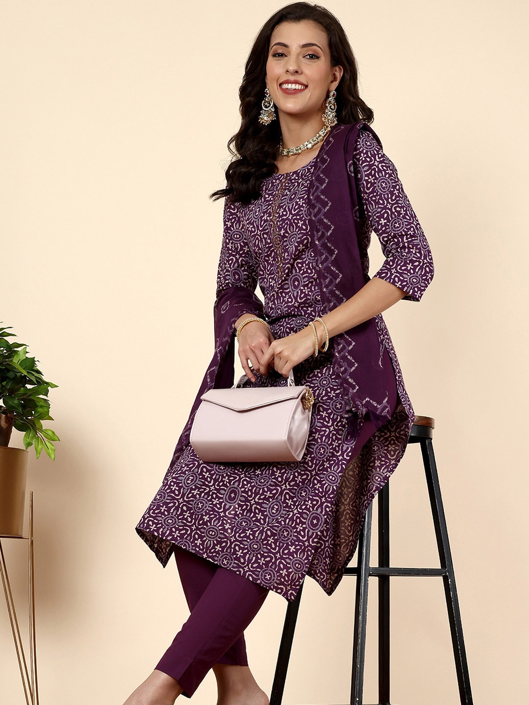 

Anouk Ethnic Motifs Printed Sequinned Pure Cotton Kurta with Trousers & With Dupatta, Violet