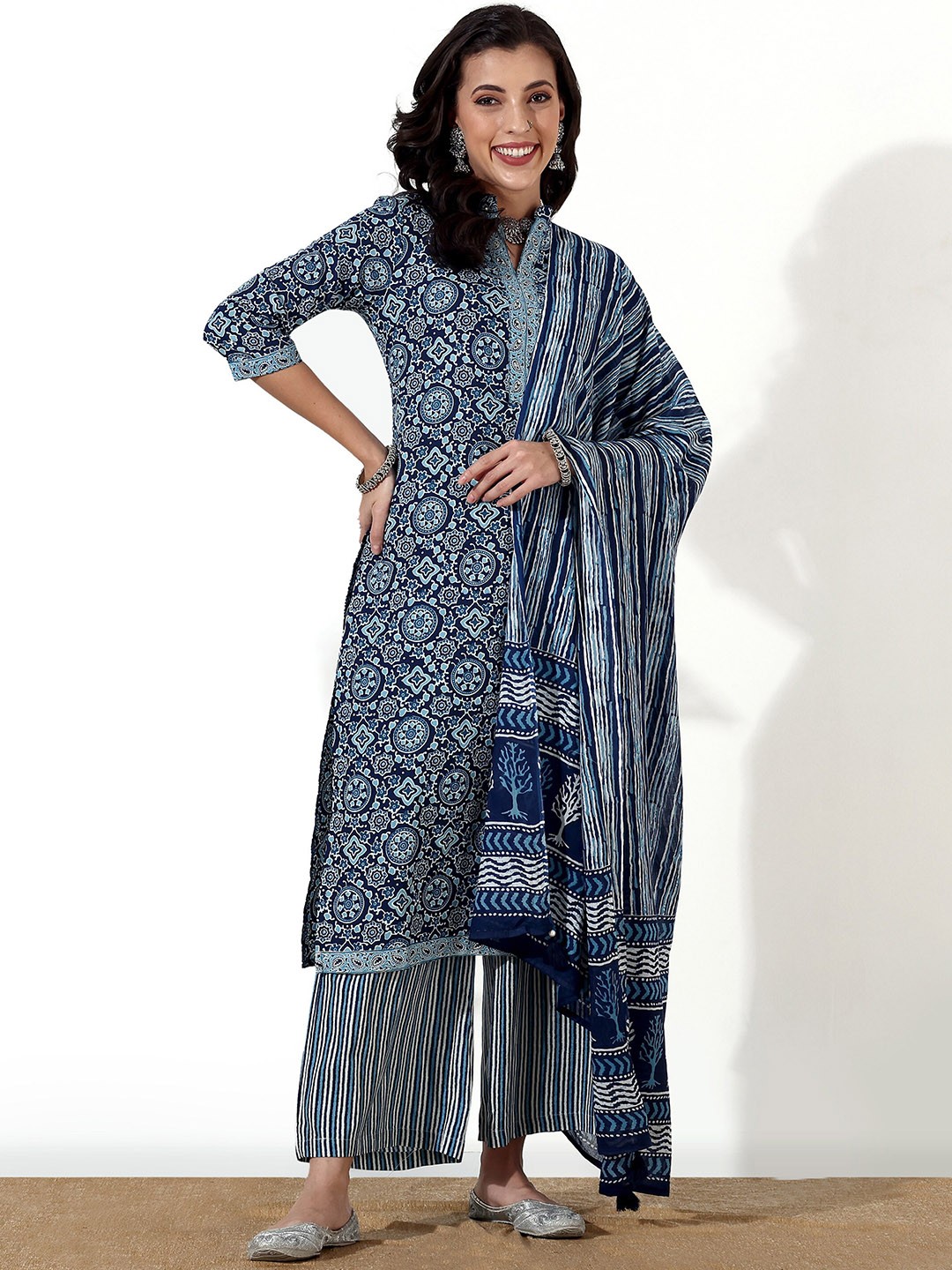 

Anouk Ethnic Motifs Printed Regular Pure Cotton Kurta with Palazzos & With Dupatta, Blue