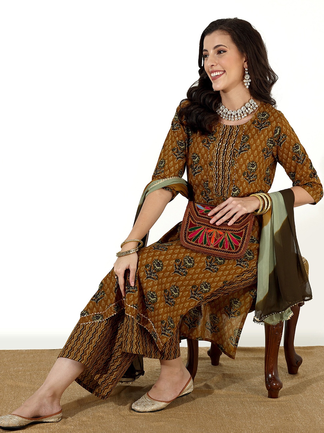 

Anouk Mustard Yellow Ethnic Motifs Printed Pure Cotton Kurta With Palazzos & Dupatta