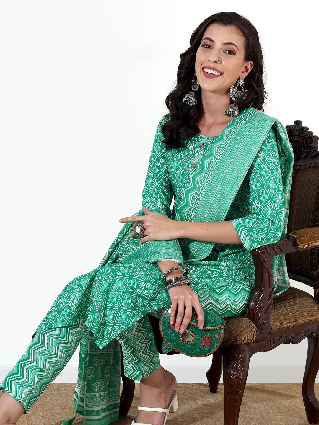 

Anouk Ethnic Motifs Printed Sequinned Pure Cotton Kurta with Trousers & With Dupatta, Turquoise blue