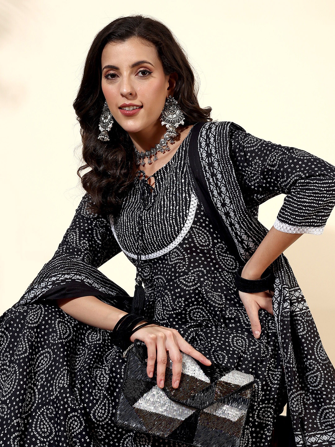 

Anouk Bandhani Printed Pure Cotton Kurta with Trousers & With Dupatta, Black