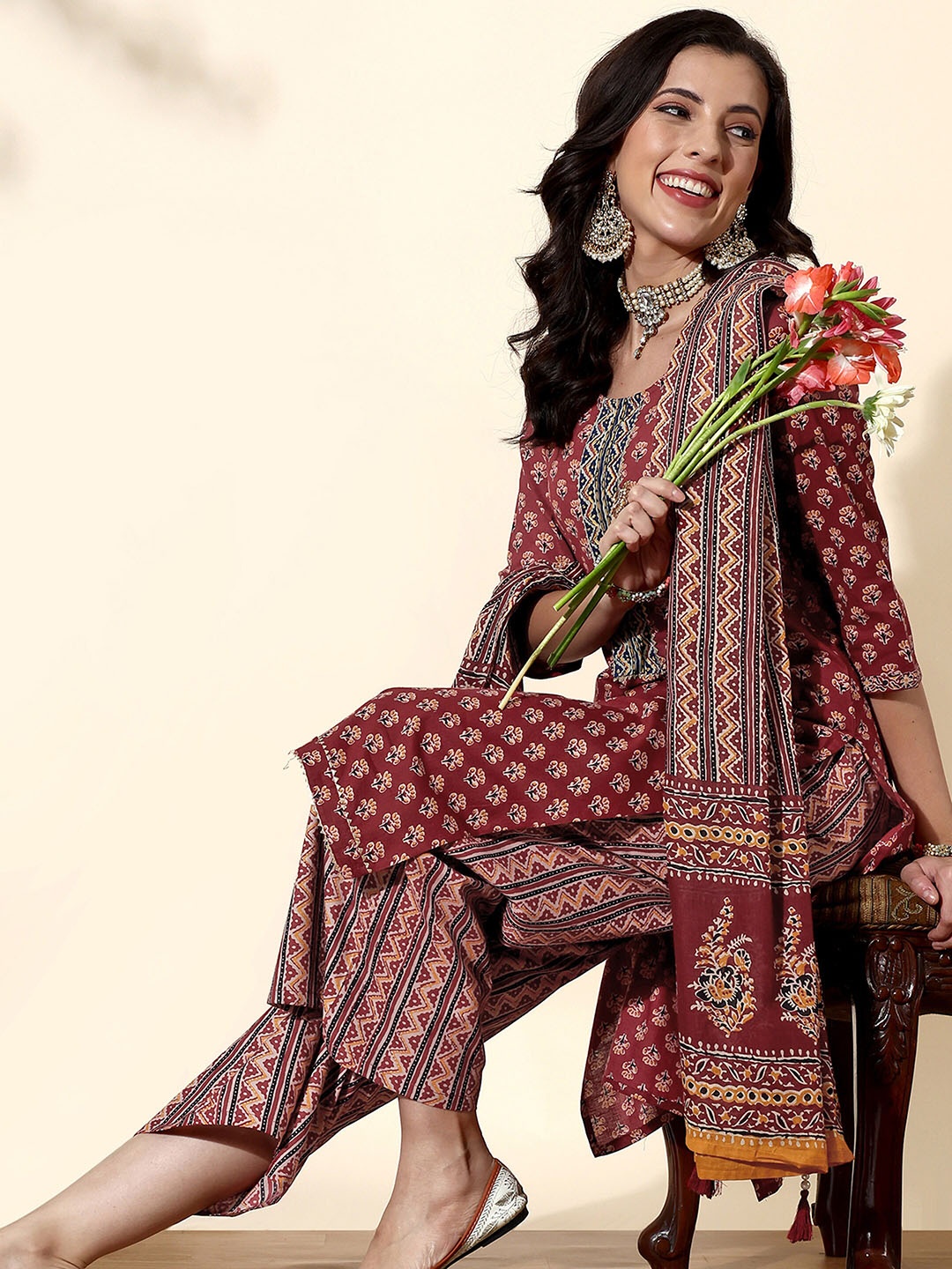 

Anouk Maroon & Black Ethnic Motifs Printed Pure Cotton Kurta & Palazzos With Dupatta