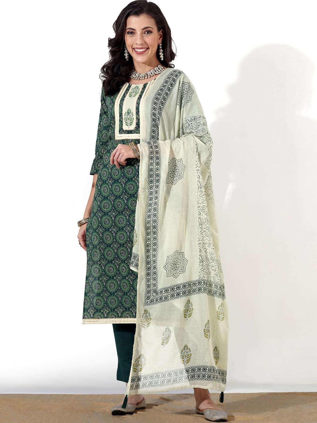 

Anouk Teal & Beige Ethnic Motifs Printed Regular Pure Cotton Kurta & Trousers With Dupatta