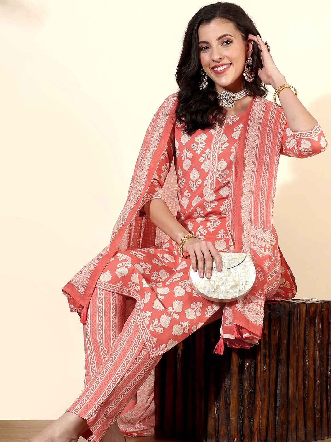 

Anouk Coral Ethnic Motifs Printed Thread Work Pure Cotton Kurta With Trousers & Dupatta