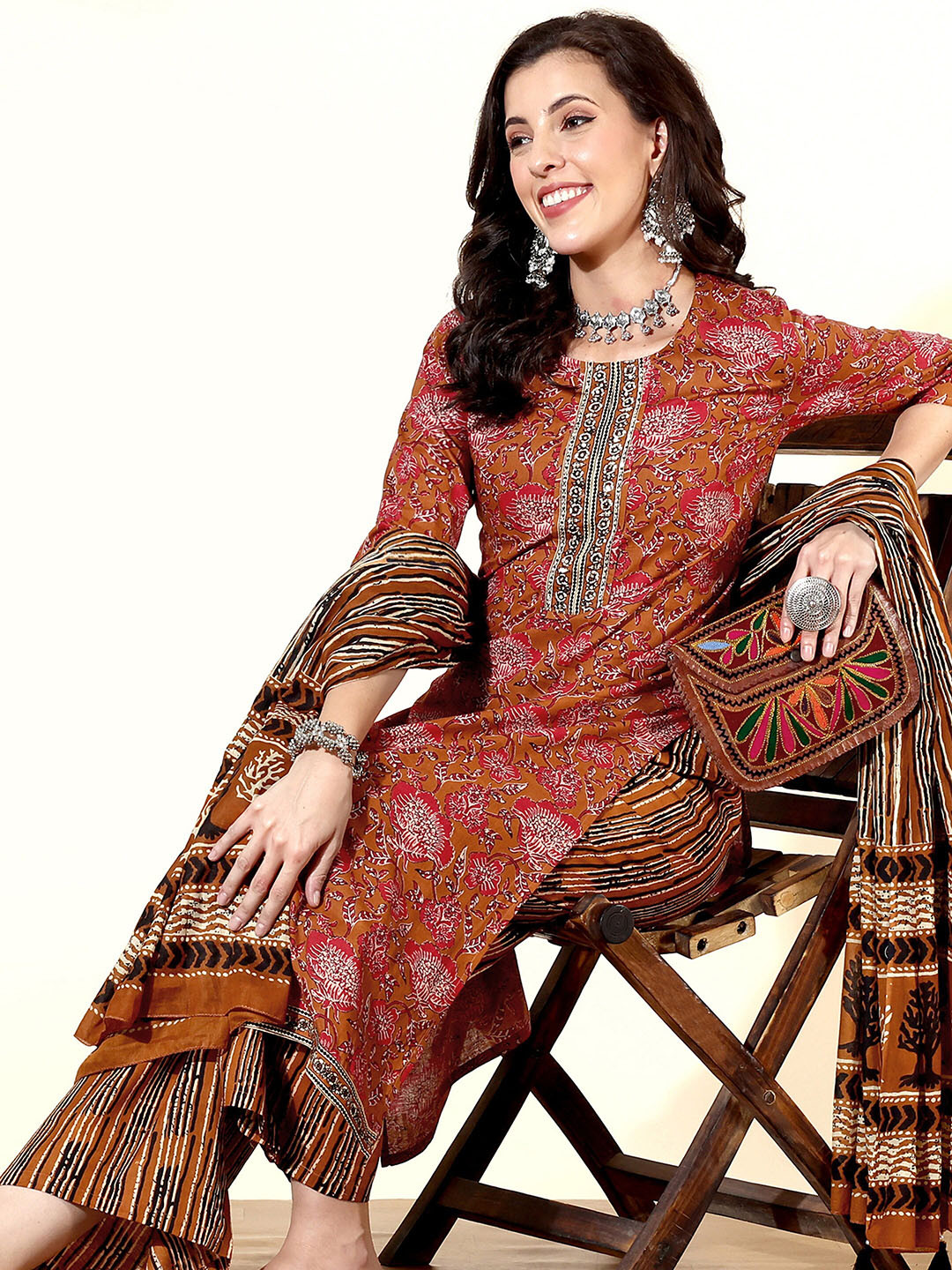 

Anouk Brown & Red Ethnic Motifs Printed Regular Pure Cotton Kurta & Palazzos With Dupatta