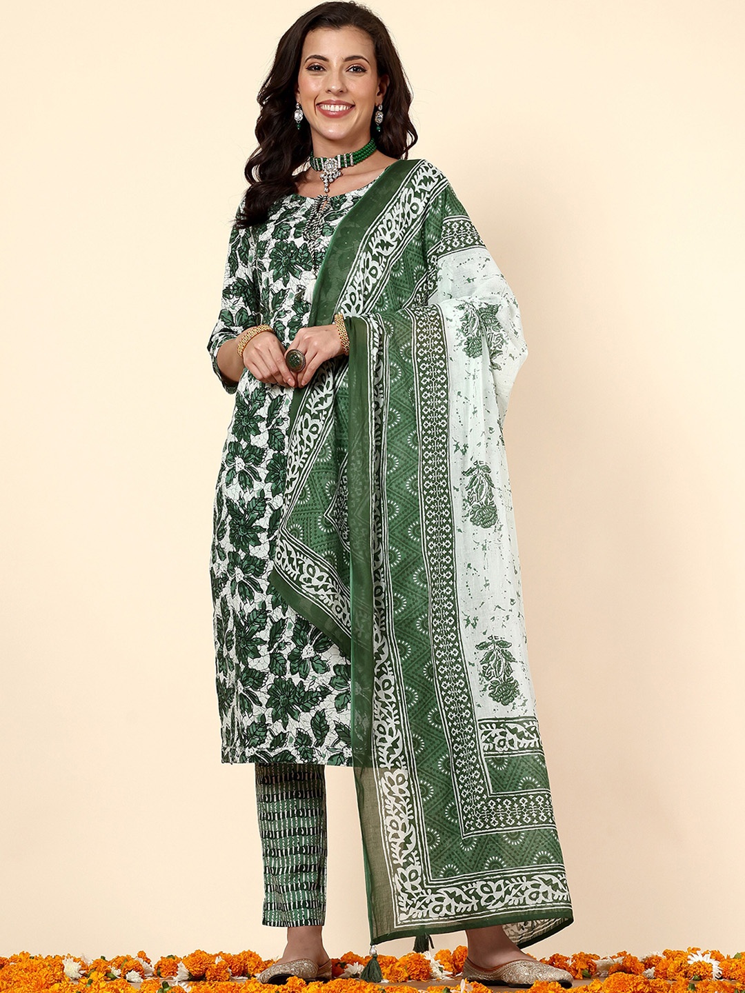 

Anouk Green & White Ethnic Motifs Printed Pure Cotton Kurta & Trousers With Dupatta