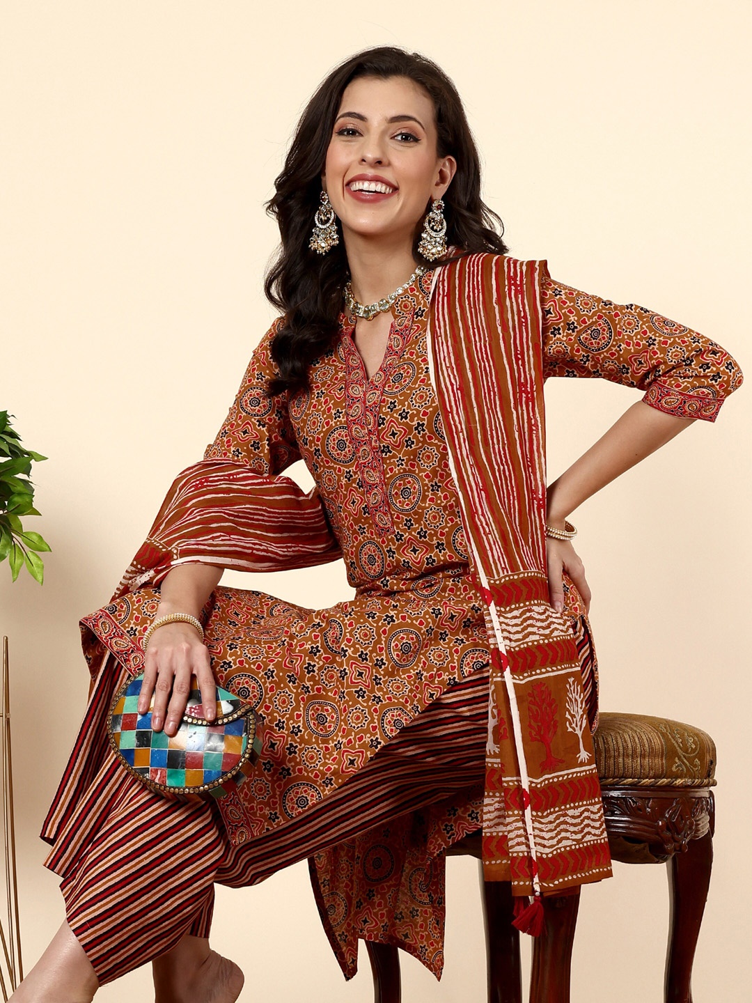 

Anouk Ethnic Motifs Printed Sequinned Pure Cotton Kurta with Trousers & With Dupatta, Brown