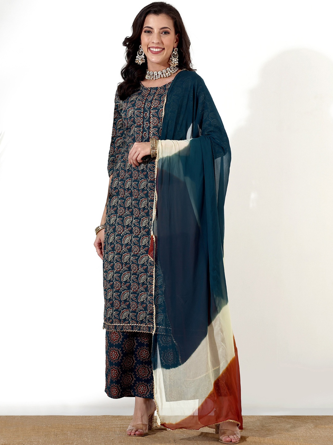 

Anouk Ethnic Motifs Printed Gotta Patti Pure Cotton Kurta with Trousers & With Dupatta, Teal