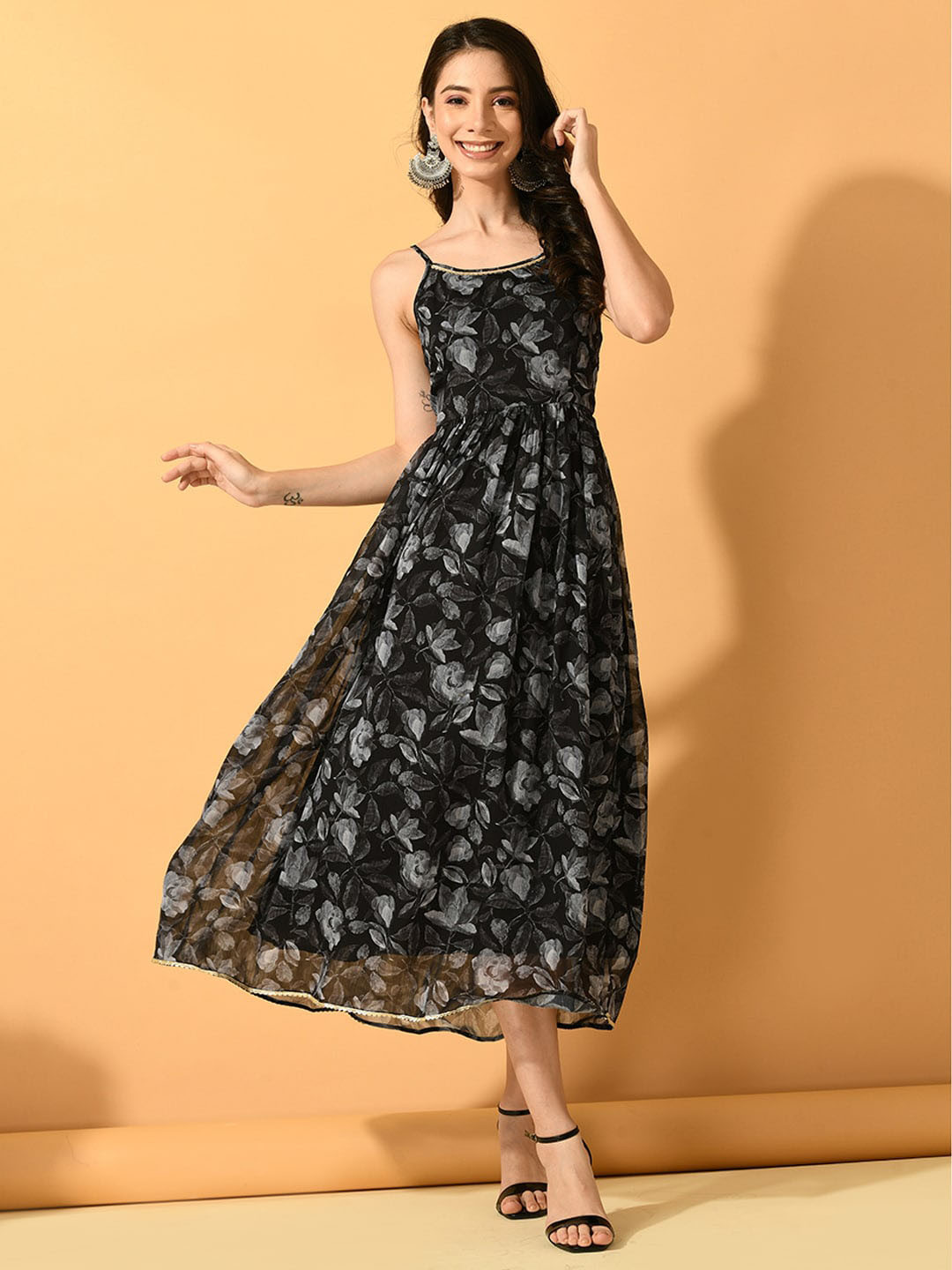 

Sangria Floral Printed Shoulder Straps Fit & Flared Dresses, Black