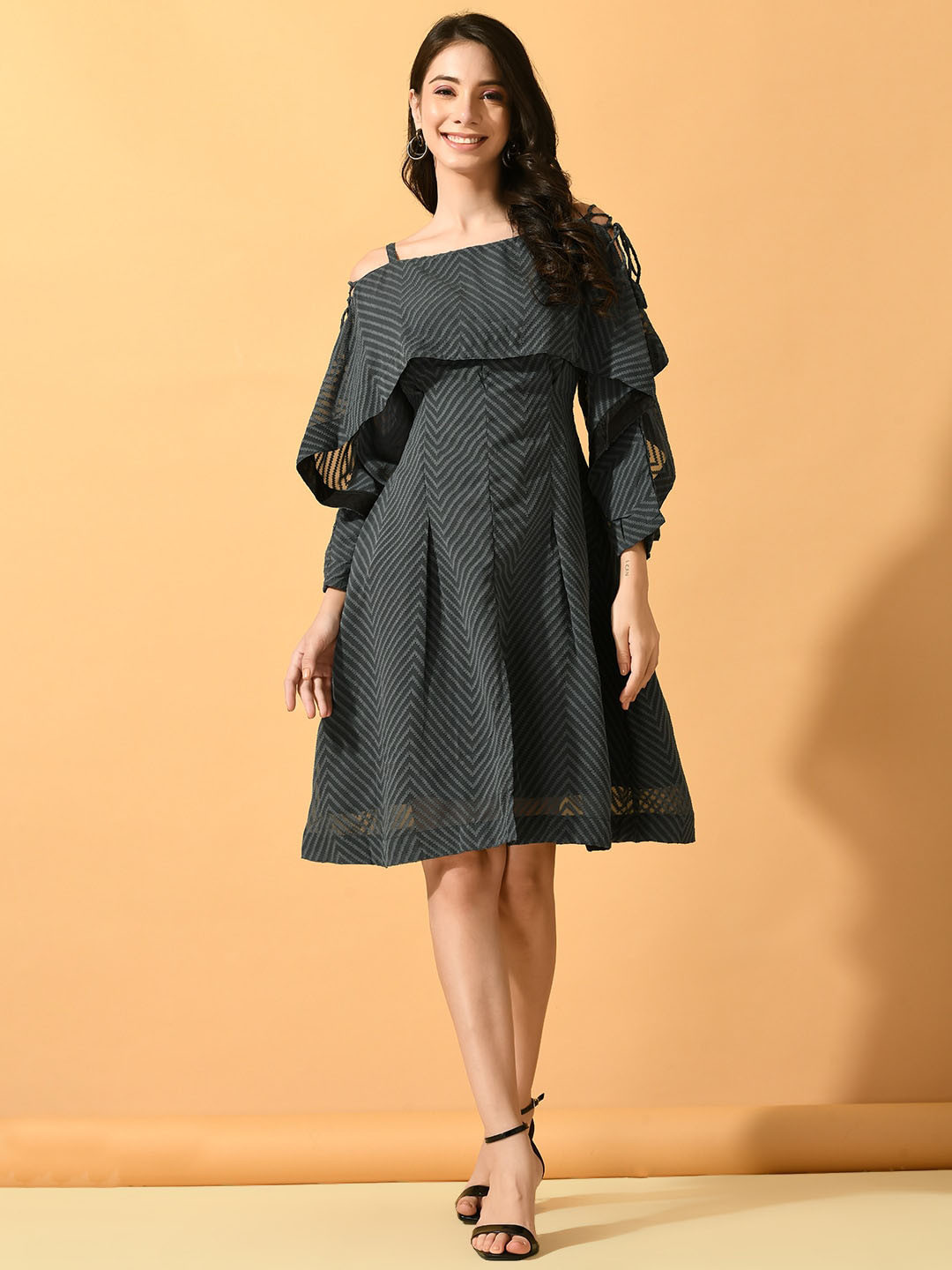 

Sangria Grey Self Design Off Shoulder A-Line Dresses