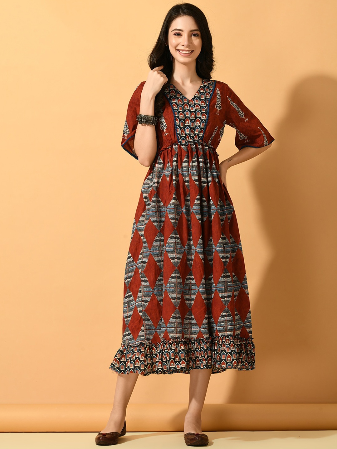 

Sangria Ethnic Motifs Printed Cotton Fit & Flared Dress, Maroon