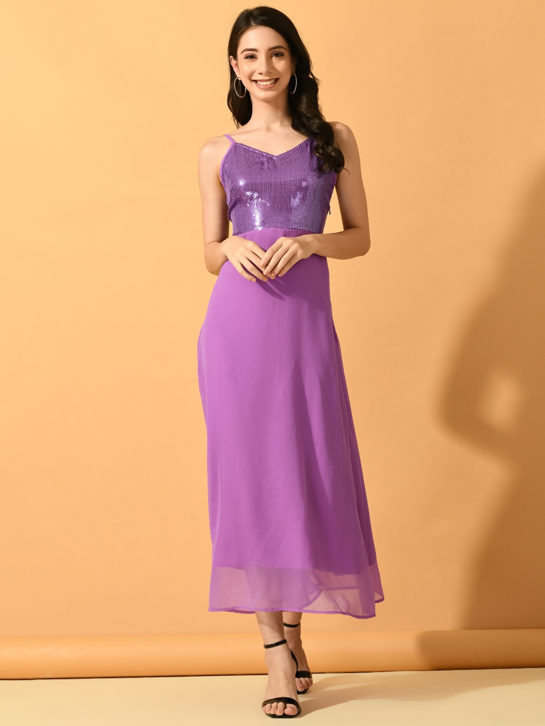 

Sangria Lavender Embellished Shoulder Strapped Fit & Flare Midi Georgette Dress