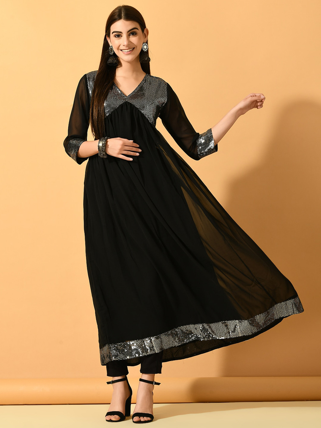

Sangria Black Embellished V-Neck Anarkali Georgette Kurta