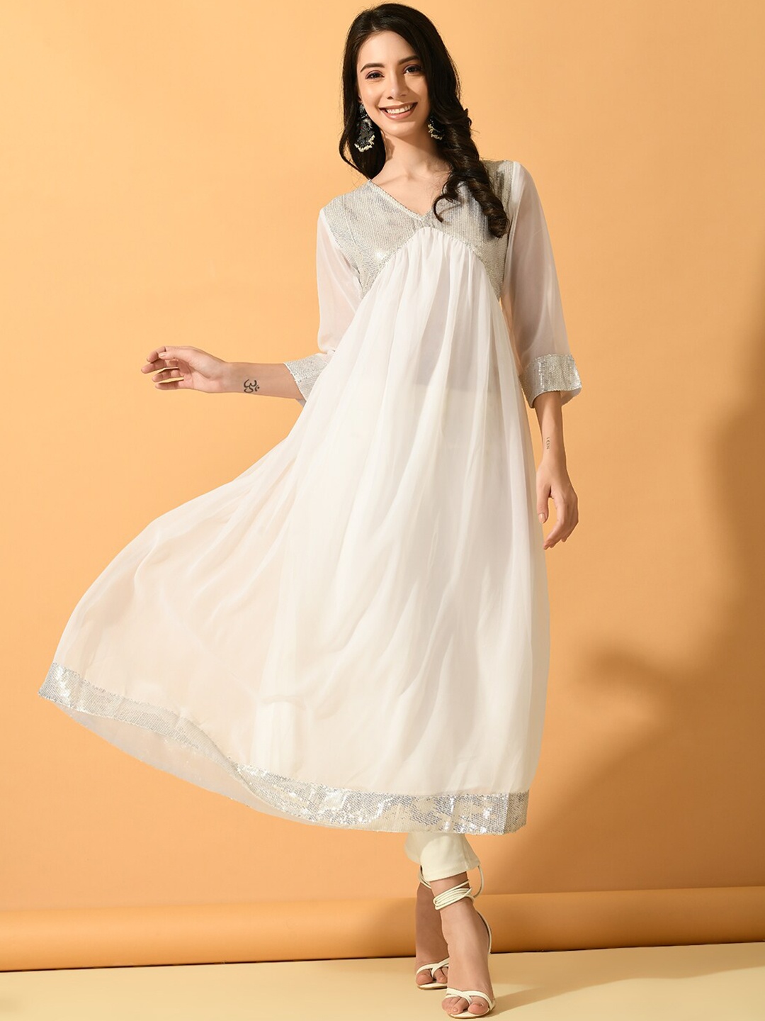 

Sangria White Embellished V-Neck Anarkali Georgette Kurta