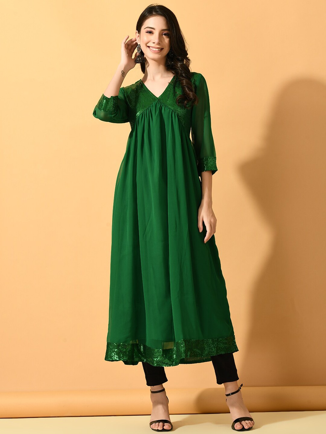 

Sangria Sequin Embellished Anarkali Kurta, Green