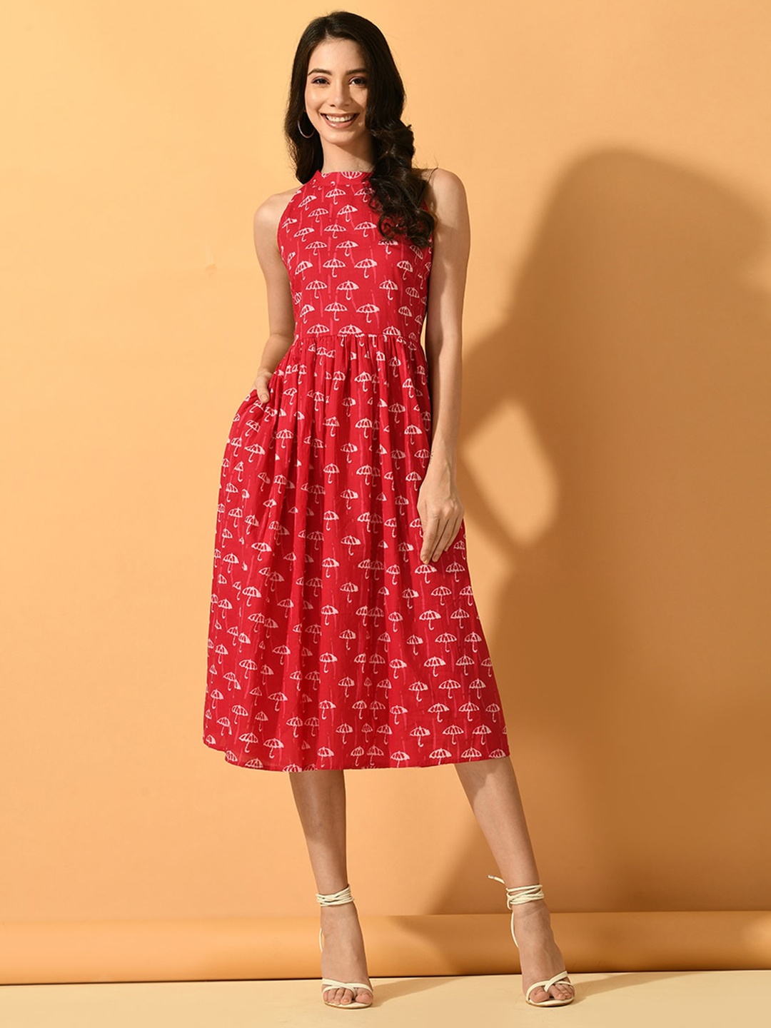 

Sangria Conversational Printed Sleeveless Fit and Flared Midi Dress, Red