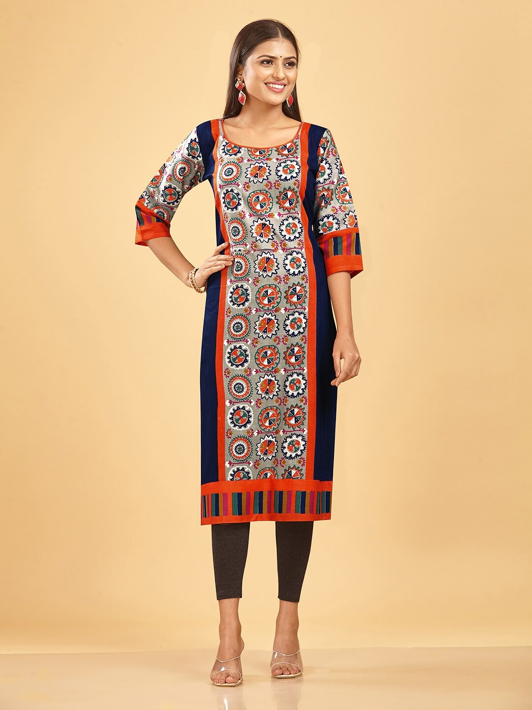 

SHANVIKA Ethnic Motif Printed Pure Cotton Unstitched Dress Material, Orange