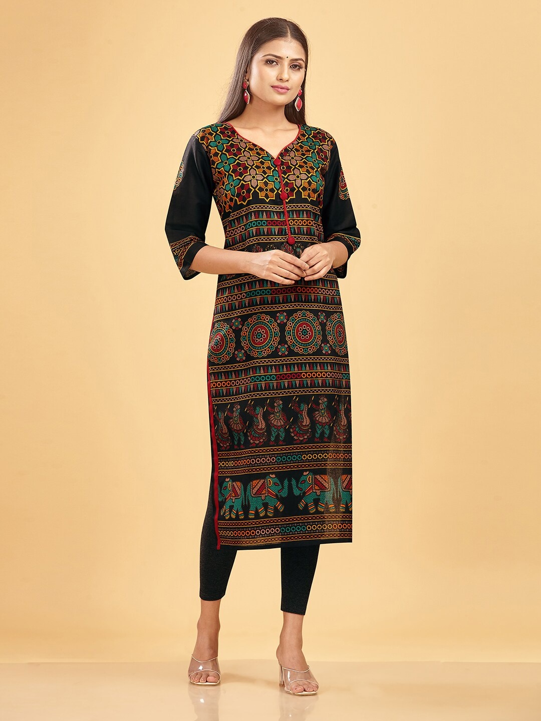 

SHANVIKA Ethnic Motifs Printed Pure Cotton Kurta Fabric Unstitched Dress Material, Black