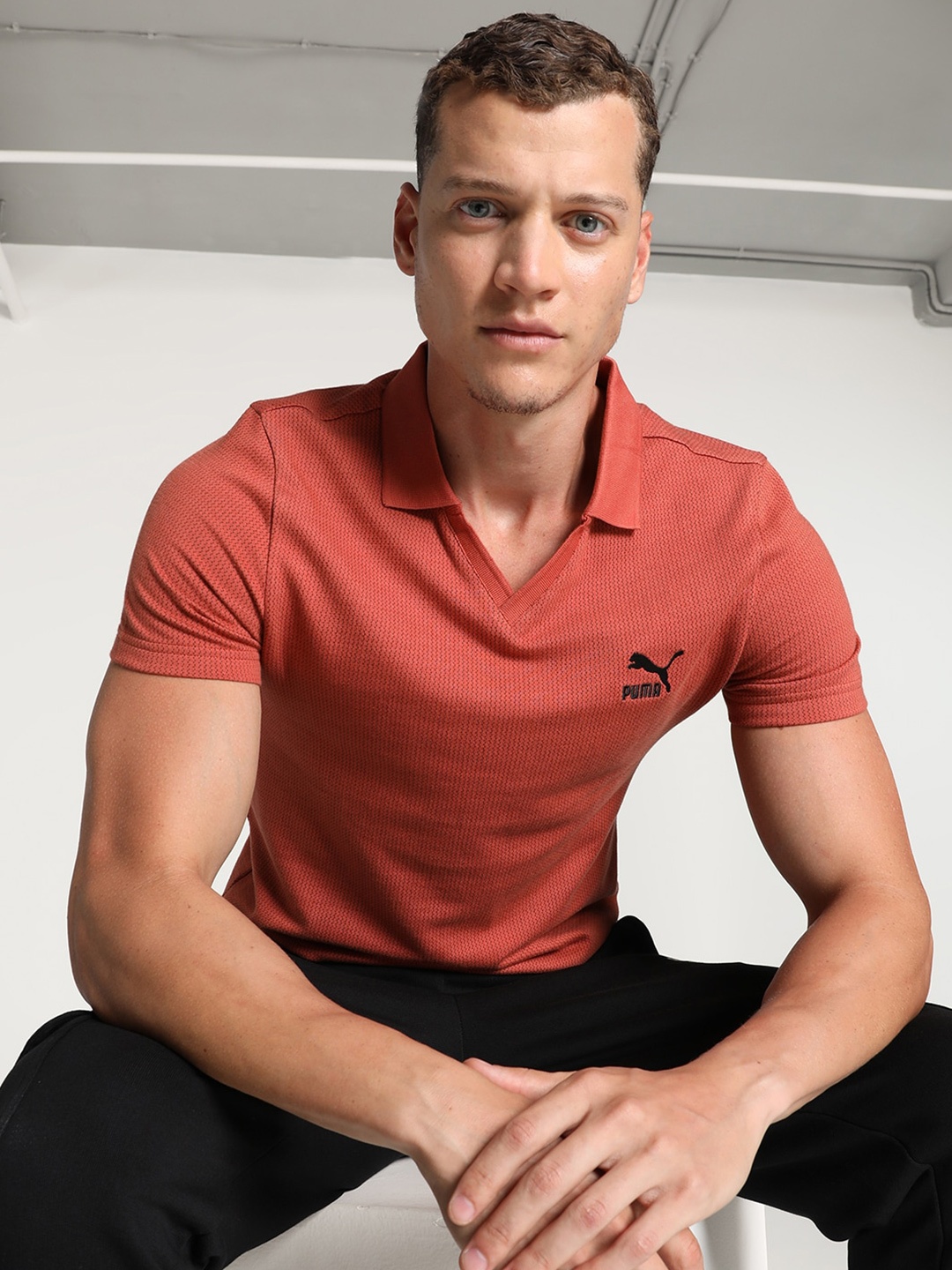 

Puma Classics Jacquard Men Striped Polo Collar Cotton T-Shirt, Rust