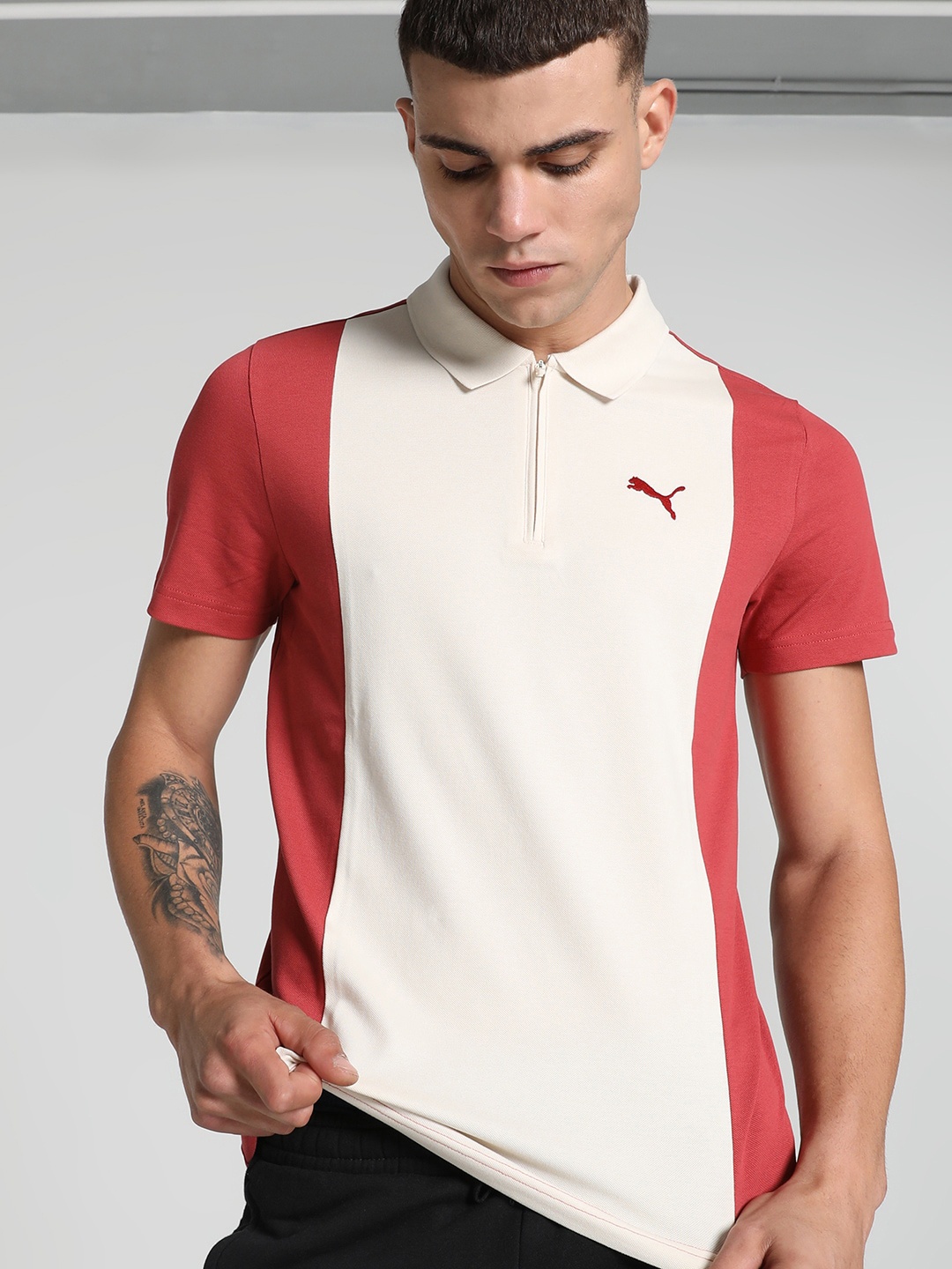 

Puma Elevated Colourblocked Cotton Slim-Fit Polo T-Shirt, Cream