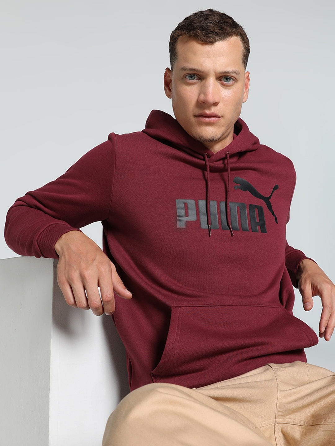 

Puma ESS Big Logo Printed Cotton Hooded Sweatshirt, Maroon