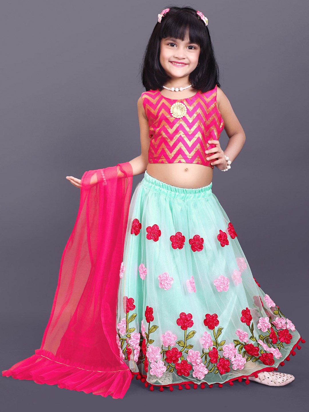 

BAESD Girls Chevron Printed Thread Work Ready to Wear Lehenga & Blouse With Dupatta, Sea green