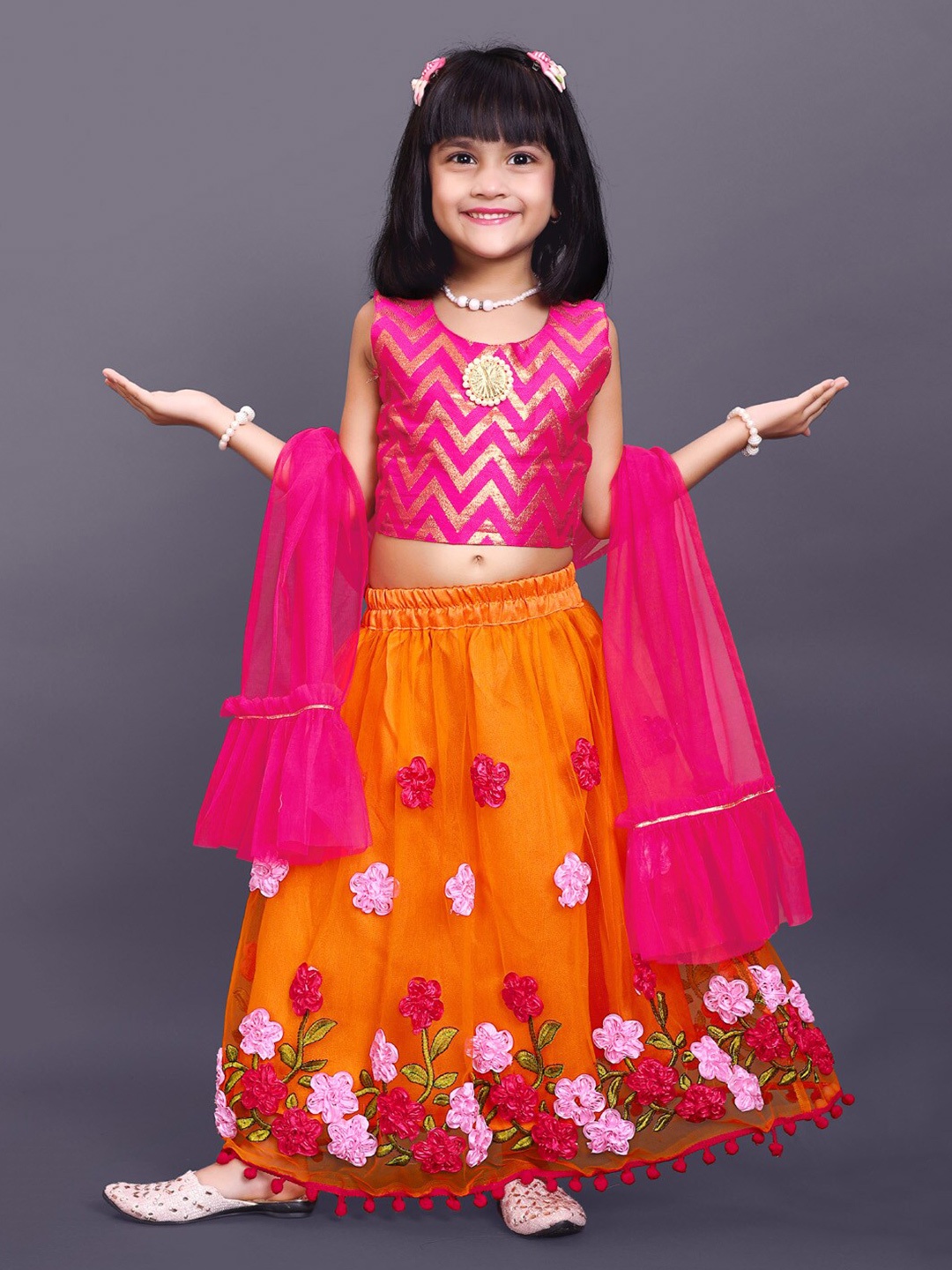 

BAESD Girls Chevron Printed Thread Work Ready to Wear Lehenga & Blouse With Dupatta, Orange