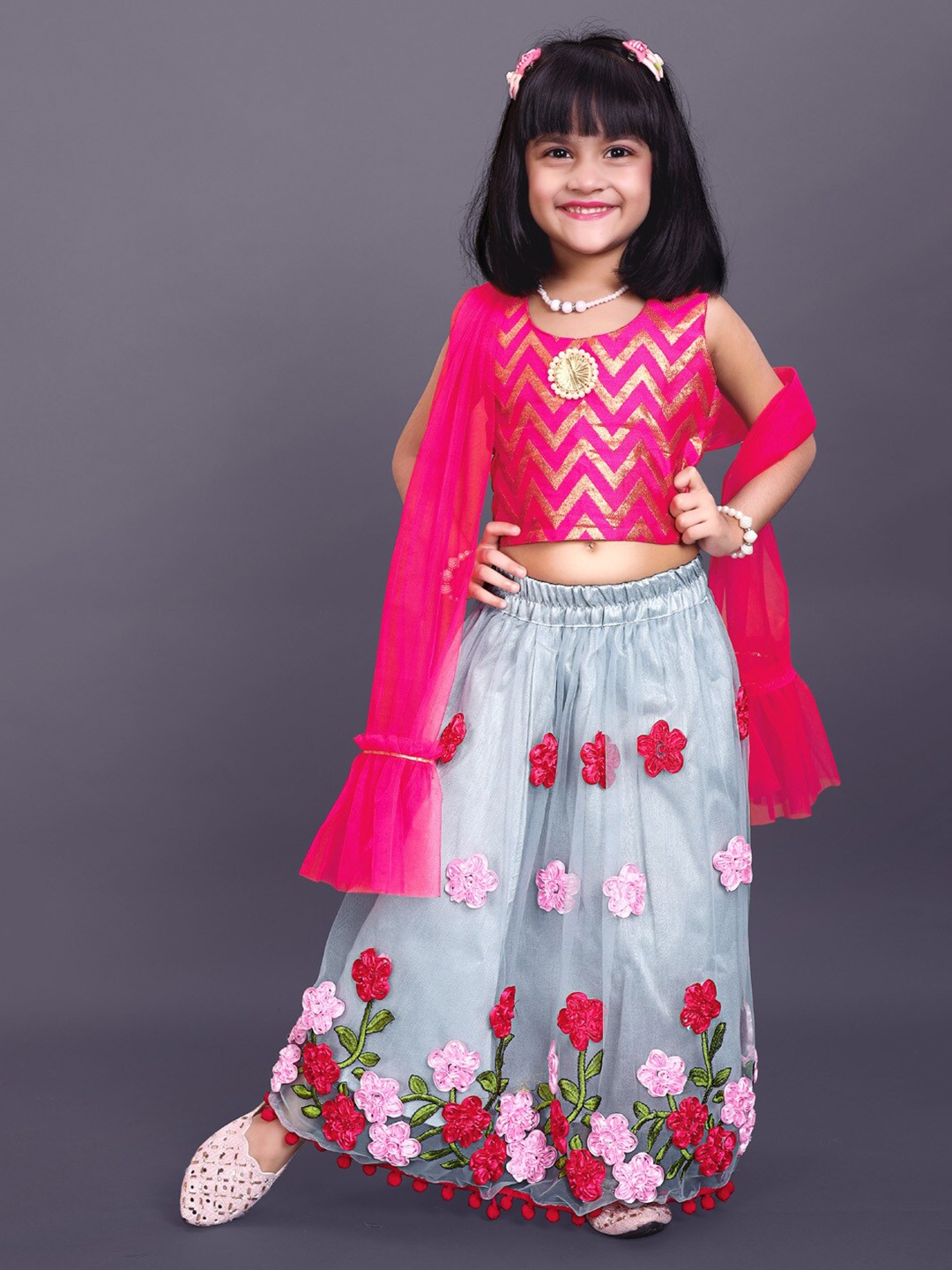 

BAESD Girls Thread Work Ready to Wear Lehenga & Blouse With Dupatta, Grey