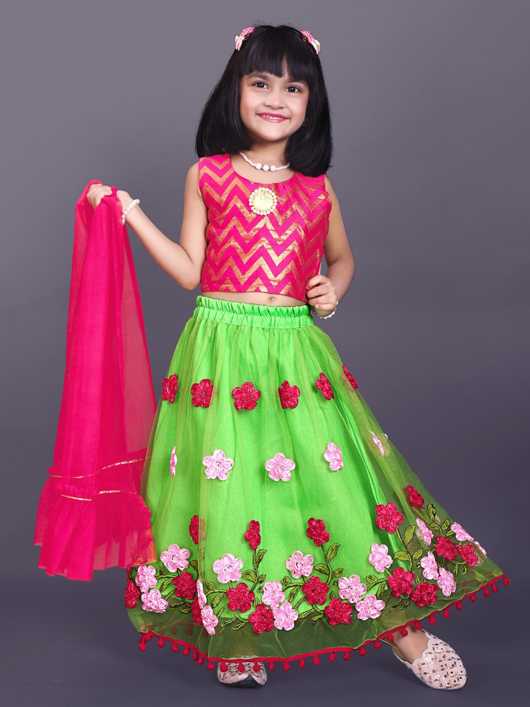 

BAESD Girls Embroidered Ready To Wear Lehenga & Blouse With Dupatta, Green