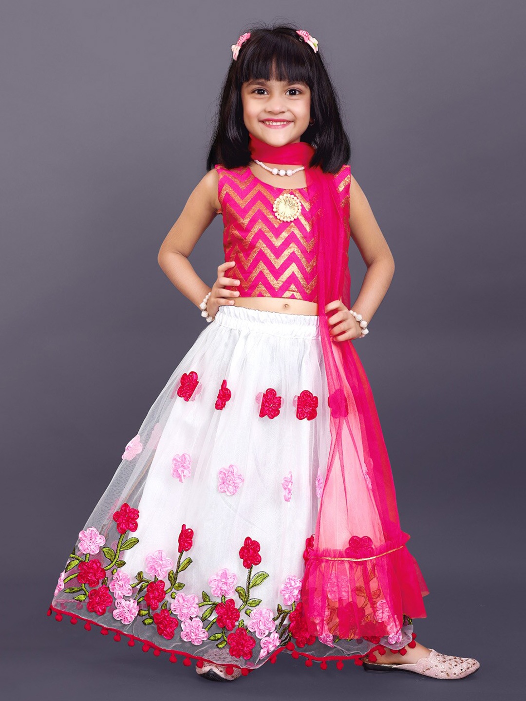 

BAESD Girls Embroidered Ready to Wear Lehenga & Blouse With Dupatta, White