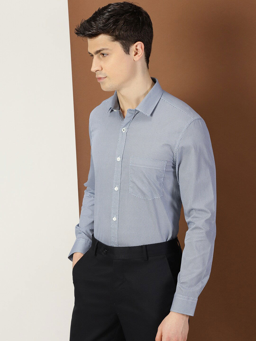 

INVICTUS Original Slim Fit Micro Checks Pure Cotton Formal Shirt, Blue