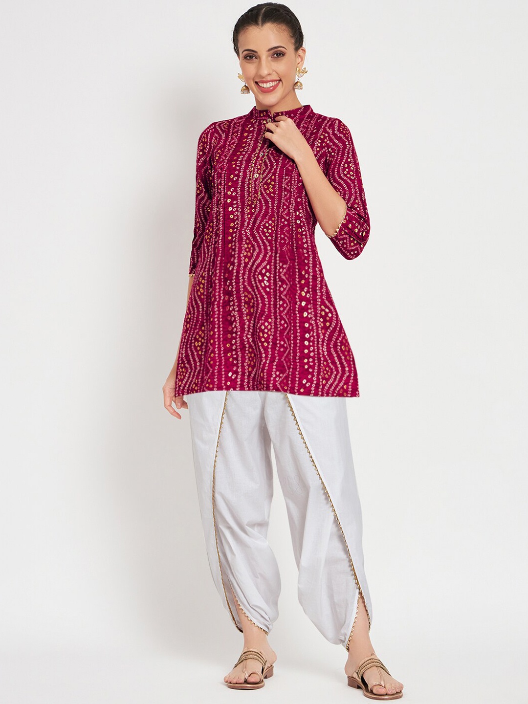 

studio rasa Bandhani Printed Pleated Kurti with Dhoti Pants, Pink