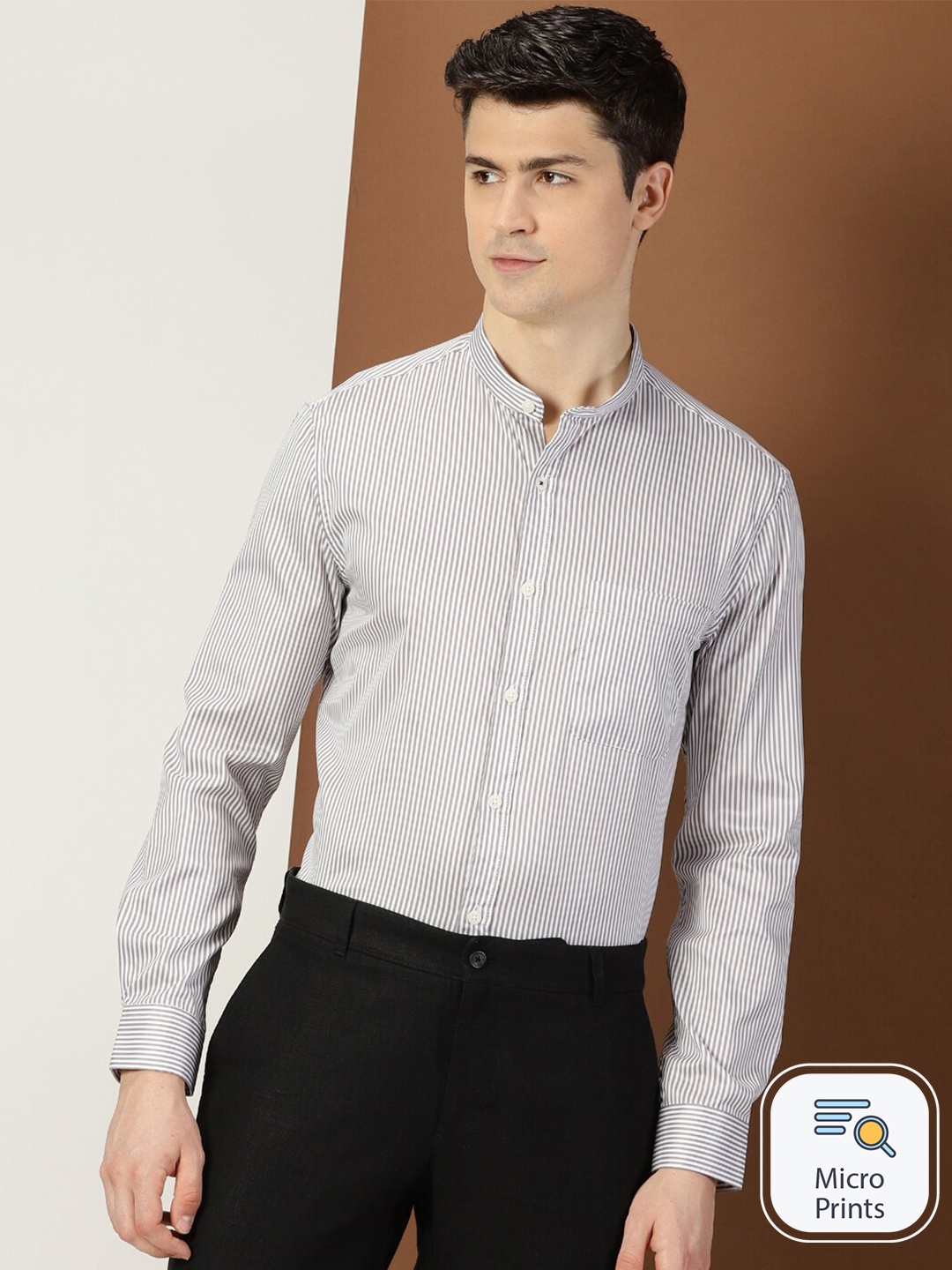 

INVICTUS Original Slim Fit Stripes Band Collar Cotton Formal Shirt, White